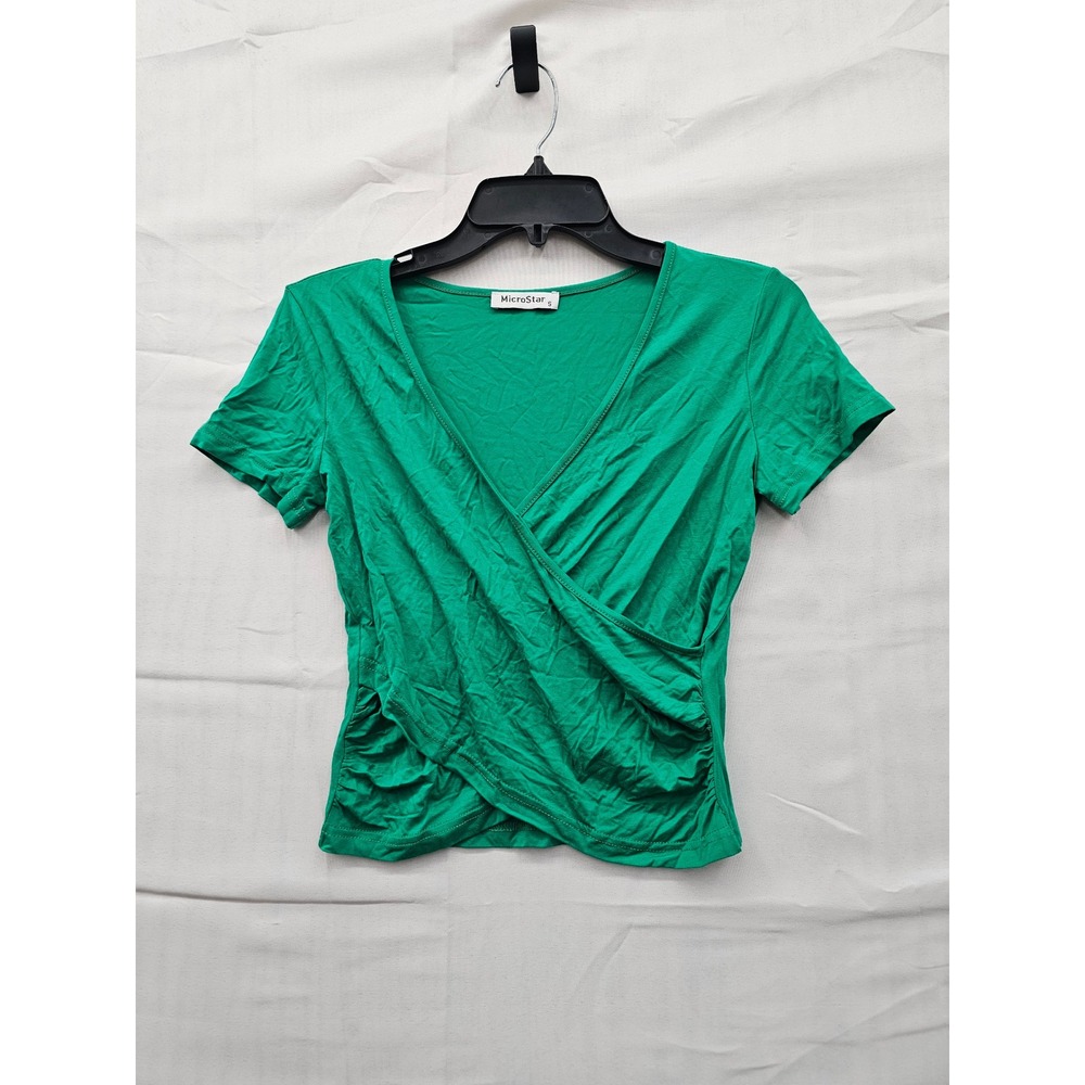 MicroStar‎ Womens Green Surplice Wrap Ruched Short Sleeve Modal Top S